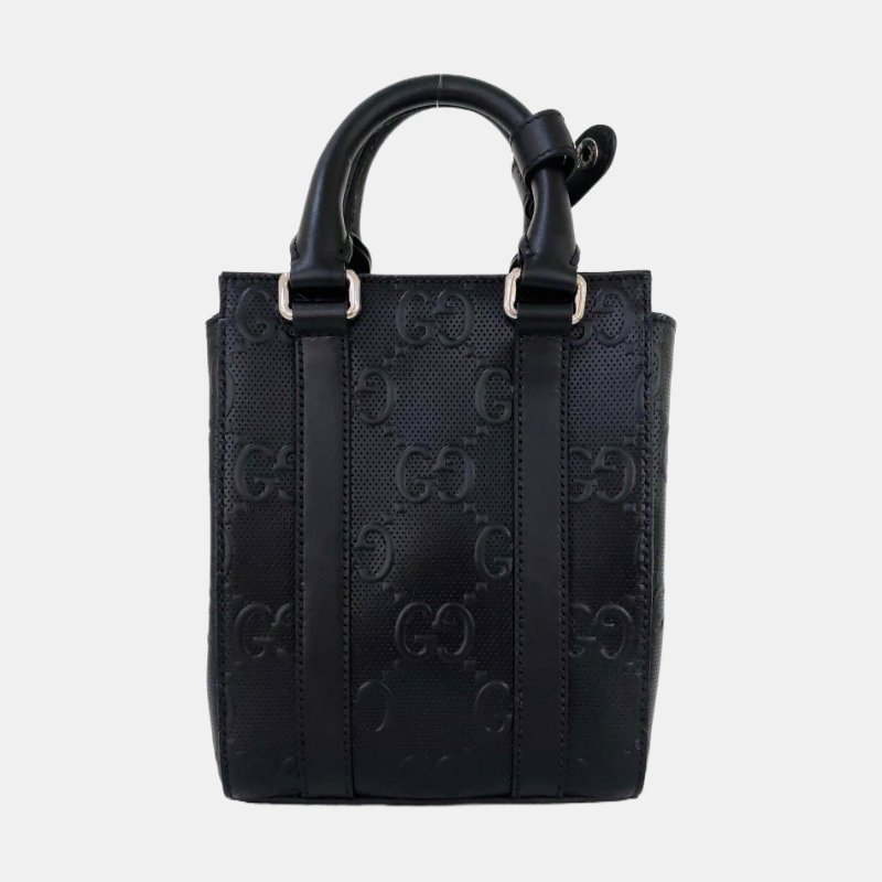 GUCCI托特包迷你黑色牛皮老花壓紋單肩包銀色五金可拆卸肩帶9.8新-4