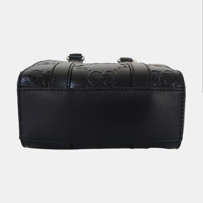 GUCCI托特包迷你黑色牛皮老花壓紋單肩包銀色五金可拆卸肩帶9.8新-5