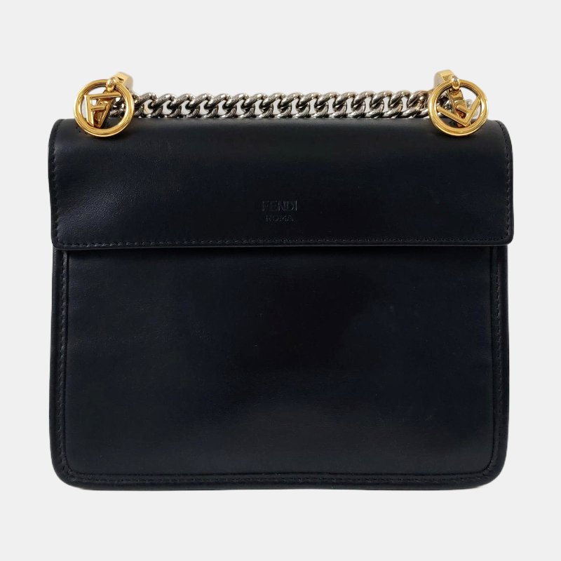 FENDI Kan I F 小號黑色牛皮單肩包斜挎包金色銀色五金可拆卸肩帶-4