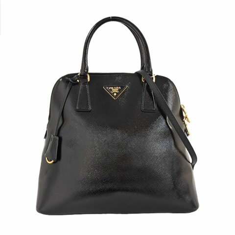 PRADA Promenade 黑色牛皮徽標貝殼包單肩包 金色五金 可拆卸肩帶