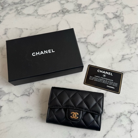 chanel黑菱格金雙C釦式卡片零錢包