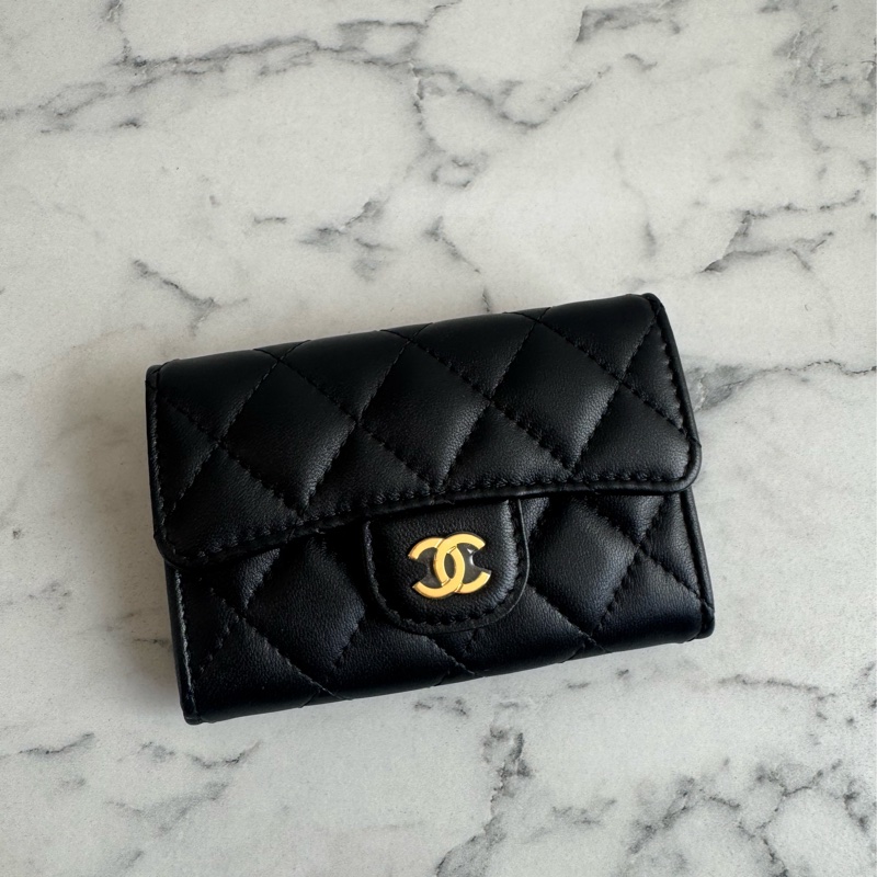 chanel黑菱格金雙C釦式卡片零錢包-1