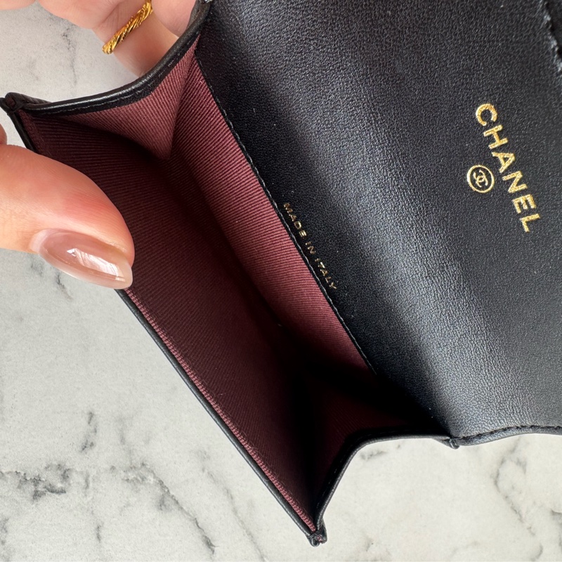 chanel黑菱格金雙C釦式卡片零錢包-13