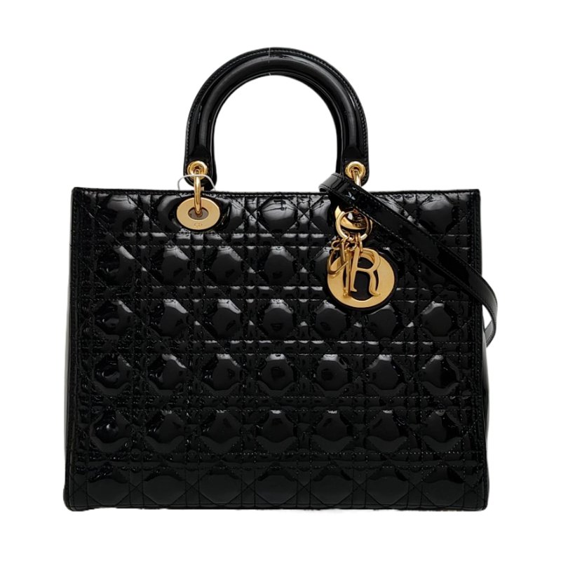 DIOR Lady Dior大號黑色漆皮藤格紋絎縫戴妃七格單肩包手提包斜挎包金色五金可拆卸肩帶-0