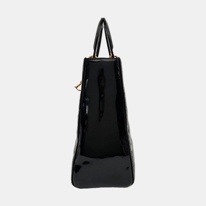 DIOR Lady Dior大號黑色漆皮藤格紋絎縫戴妃七格單肩包手提包斜挎包金色五金可拆卸肩帶-2