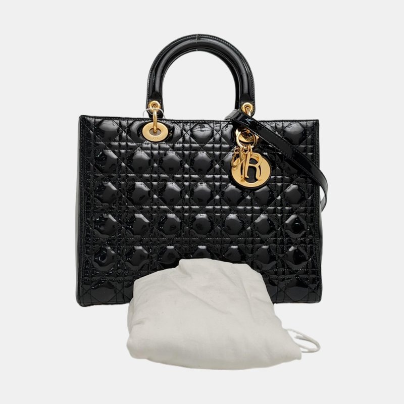 DIOR Lady Dior大號黑色漆皮藤格紋絎縫戴妃七格單肩包手提包斜挎包金色五金可拆卸肩帶-7