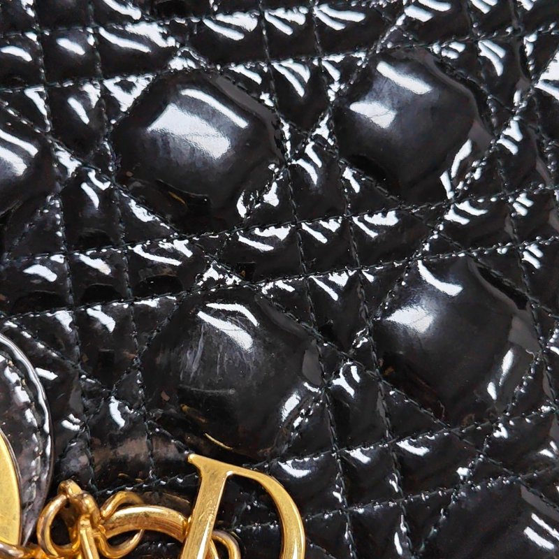 DIOR Lady Dior大號黑色漆皮藤格紋絎縫戴妃七格單肩包手提包斜挎包金色五金可拆卸肩帶-8
