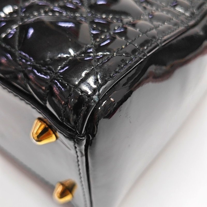 DIOR Lady Dior大號黑色漆皮藤格紋絎縫戴妃七格單肩包手提包斜挎包金色五金可拆卸肩帶-15