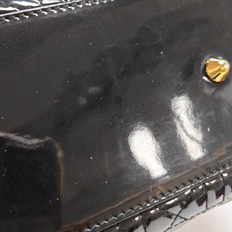 DIOR Lady Dior大號黑色漆皮藤格紋絎縫戴妃七格單肩包手提包斜挎包金色五金可拆卸肩帶-17