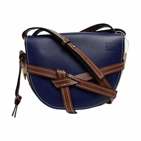 LOEWE Gate小號藍色牛皮斜挎包單肩包金色五金可拆卸肩帶