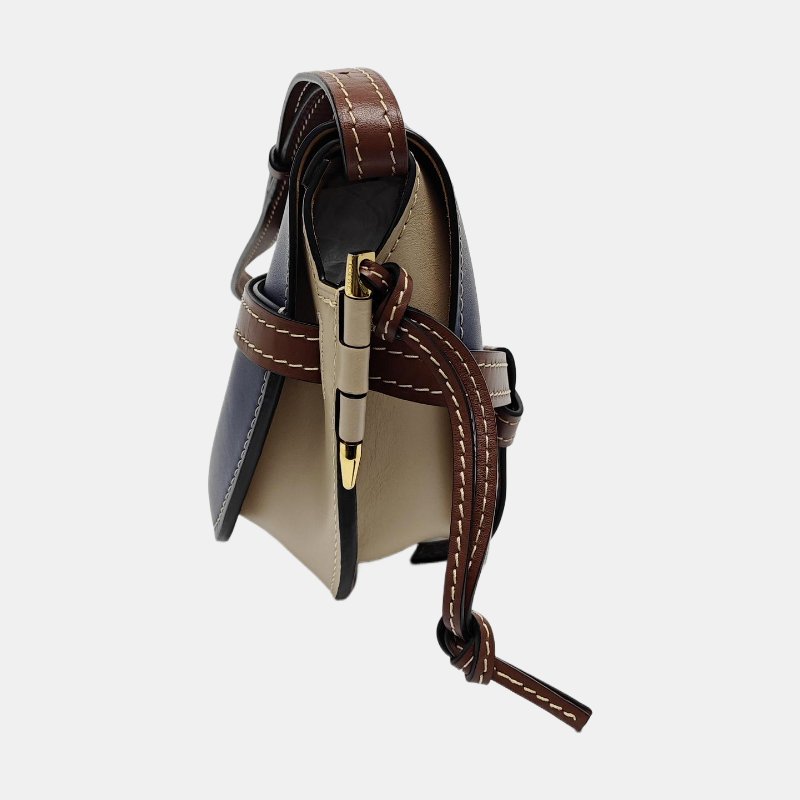 LOEWE Gate小號藍色牛皮斜挎包單肩包金色五金可拆卸肩帶-3