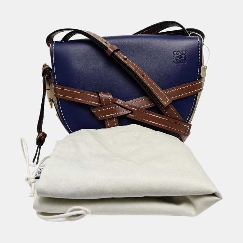 LOEWE Gate小號藍色牛皮斜挎包單肩包金色五金可拆卸肩帶-7