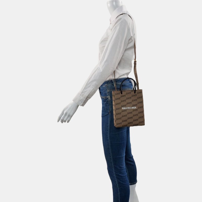 BALENCIAGA托特包超迷你卡其色塗層帆布印花斜挎包手提包單肩包金色五金可拆卸肩帶9.8新-1