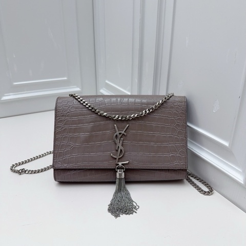 YSL聖羅蘭 鰐魚壓紋kate灰色銀色流蘇單肩斜挎鏈條包