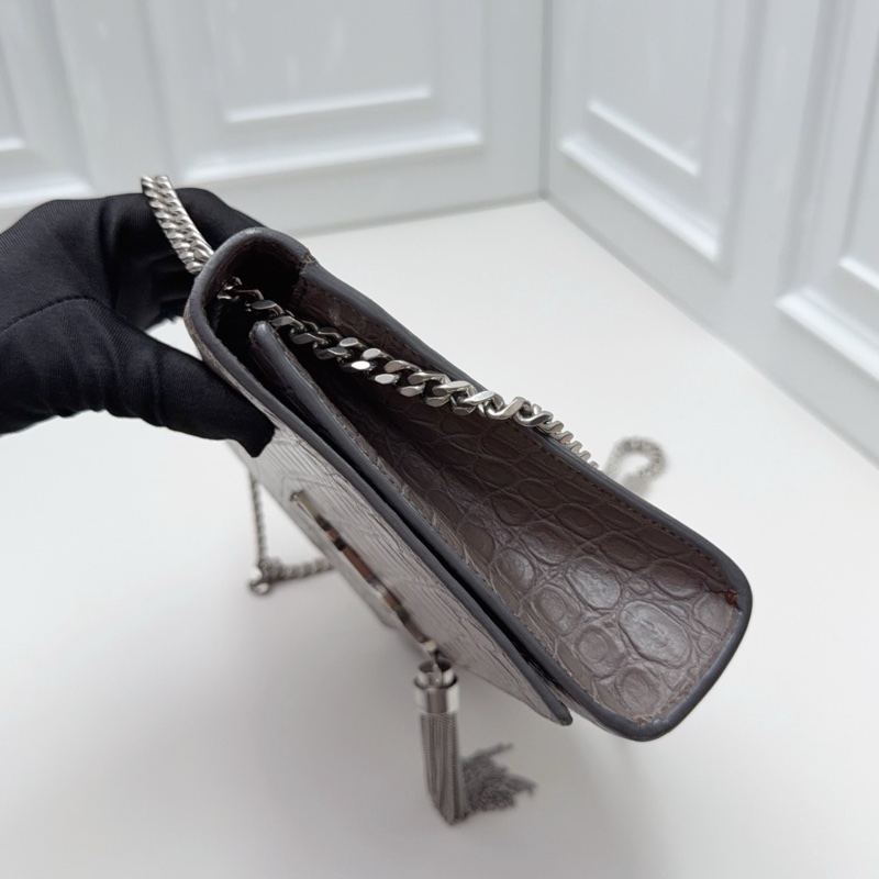 YSL聖羅蘭 鰐魚壓紋kate灰色銀色流蘇單肩斜挎鏈條包-5