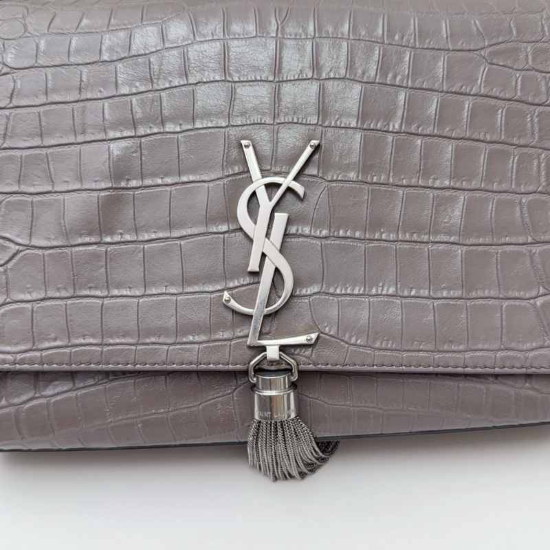 YSL聖羅蘭 鰐魚壓紋kate灰色銀色流蘇單肩斜挎鏈條包-6