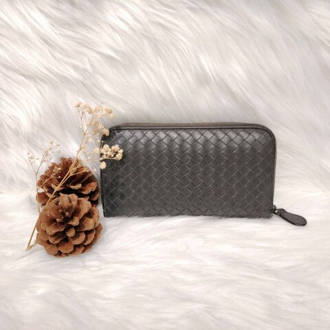 Bottega Veneta 灰色 編織 羊皮 19 長款 拉鏈 錢包