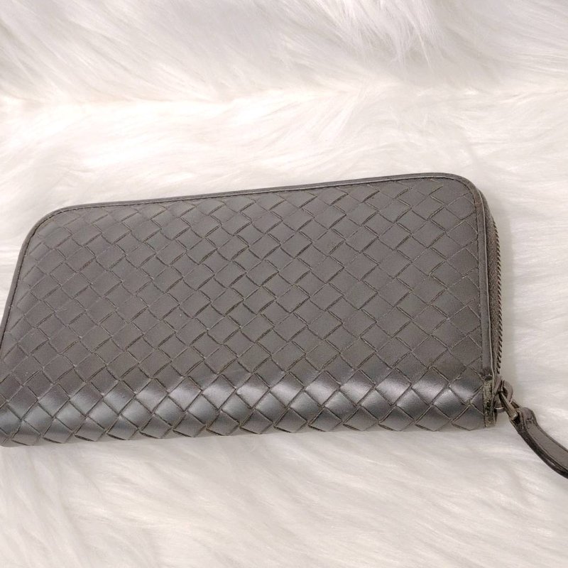Bottega Veneta 灰色 編織 羊皮 19 長款 拉鏈 錢包-1