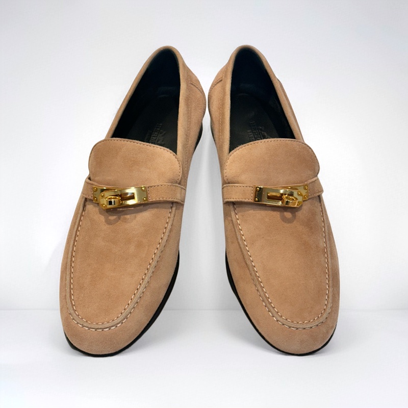 Hermès 珊瑚粉麂皮KELLY樂福鞋 EU38-0