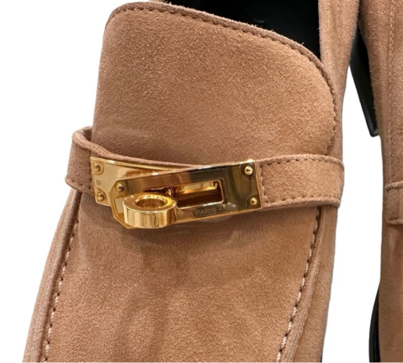 Hermès 珊瑚粉麂皮KELLY樂福鞋 EU38-3