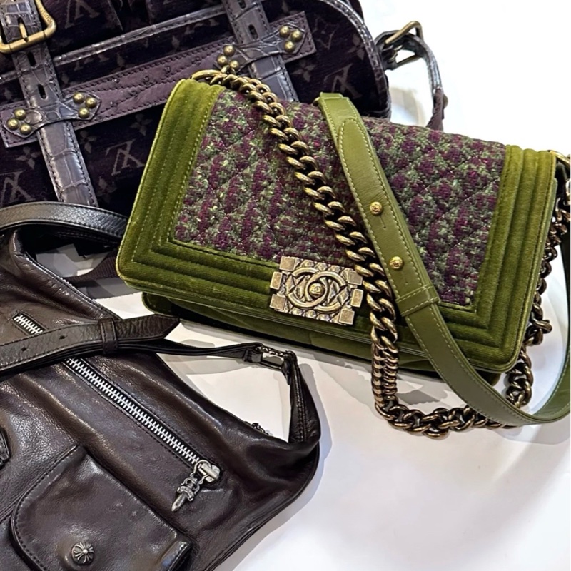 99新 Chanel/香奈兒 chanel 綠色限定絲絨 leboy編織斜挎包 18開 25cm-5