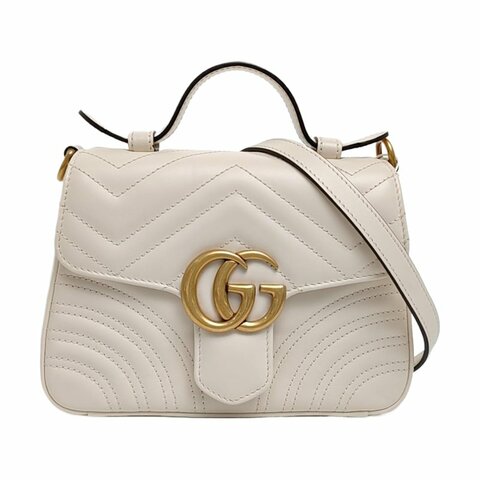 GUCCI GG Marmont迷你白色牛皮絎縫波浪紋單肩包手提包斜挎包金色五金可拆卸肩帶