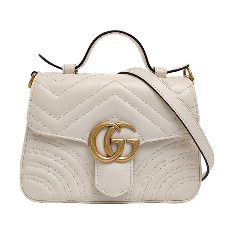 GUCCI GG Marmont迷你白色牛皮絎縫波浪紋單肩包手提包斜挎包金色五金可拆卸肩帶-0