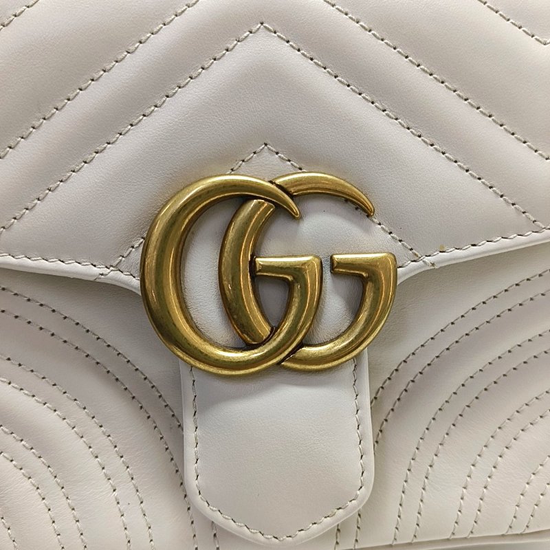 GUCCI GG Marmont迷你白色牛皮絎縫波浪紋單肩包手提包斜挎包金色五金可拆卸肩帶-10