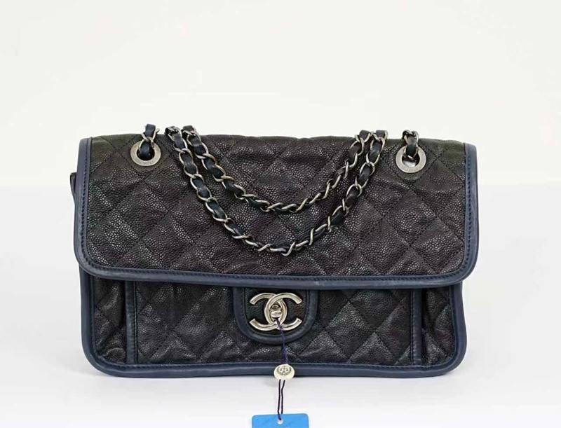 Chanel 香奈兒 黑銀藍邊 荔枝牛皮 雙鏈cf口蓋包斜挎包【99新 19開 28*17*7cm】-0