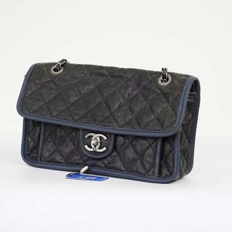 Chanel 香奈兒 黑銀藍邊 荔枝牛皮 雙鏈cf口蓋包斜挎包【99新 19開 28*17*7cm】-2