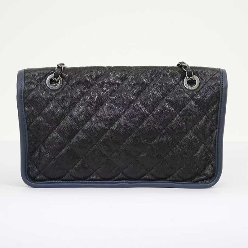 Chanel 香奈兒 黑銀藍邊 荔枝牛皮 雙鏈cf口蓋包斜挎包【99新 19開 28*17*7cm】-4