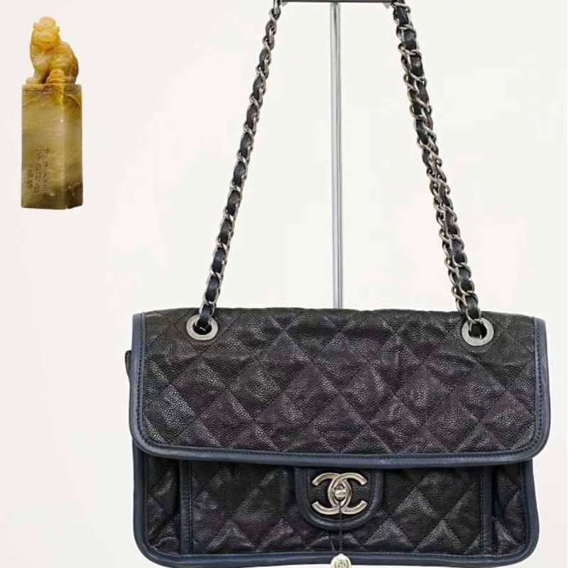 Chanel 香奈兒 黑銀藍邊 荔枝牛皮 雙鏈cf口蓋包斜挎包【99新 19開 28*17*7cm】-7