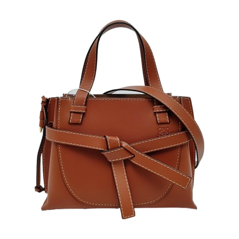 LOEWE Gate 迷你棕色牛皮單肩包金色五金可拆卸肩帶-0