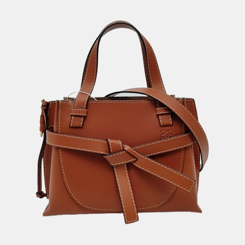 LOEWE Gate 迷你棕色牛皮單肩包金色五金可拆卸肩帶-7