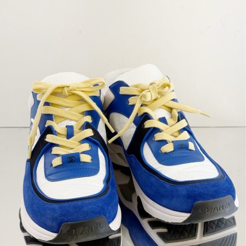 【98新】Chanel/香奈兒 海軍系列藍色球鞋  雙C白藍運動鞋  小牛皮與混合纖維 38碼 無附件