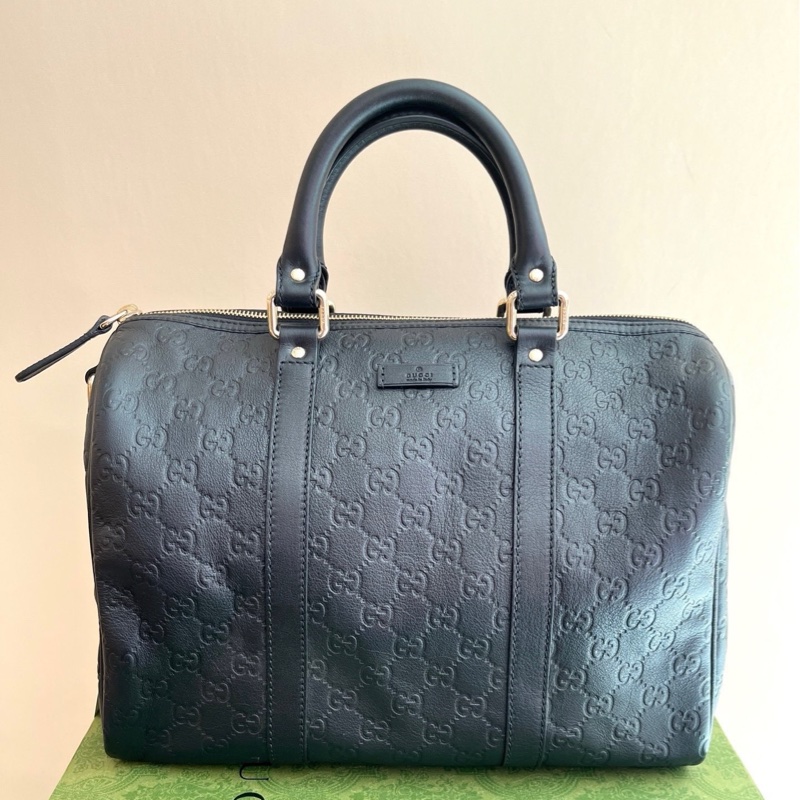 Gucci古馳黑色壓紋波士頓手提包-0