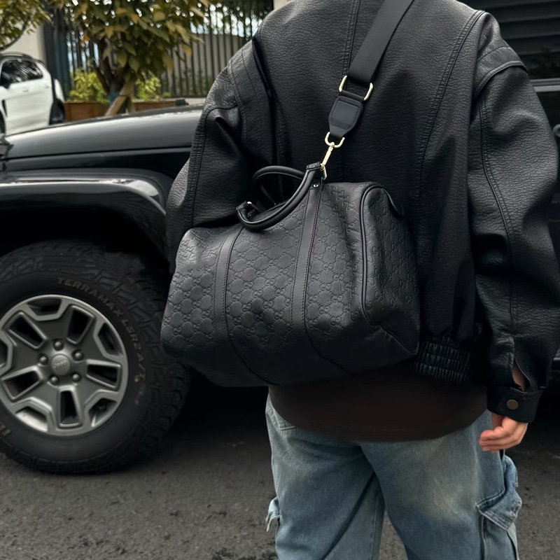 Gucci古馳黑色壓紋波士頓手提包-7