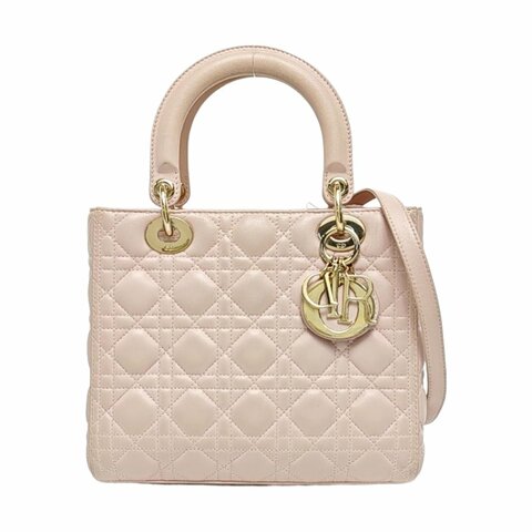 DIOR Lady Dior 中號淺粉色羊皮藤格紋戴妃五格單肩包斜挎包手提包銀色五金可拆卸肩帶