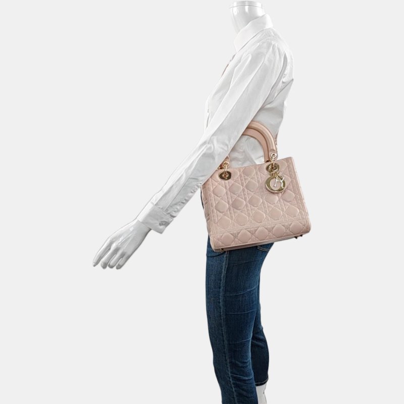 DIOR Lady Dior 中號淺粉色羊皮藤格紋戴妃五格單肩包斜挎包手提包銀色五金可拆卸肩帶-1