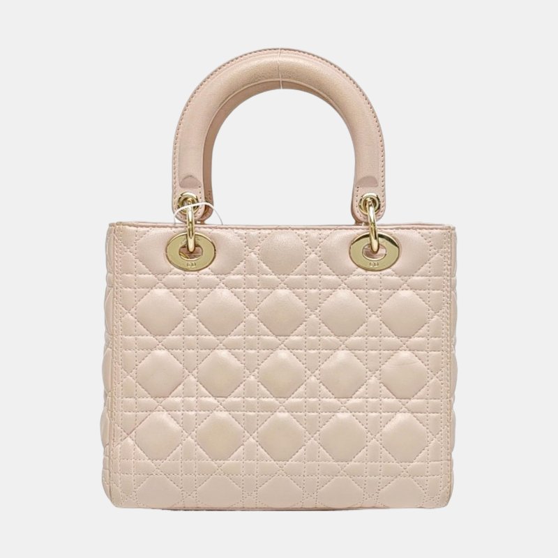 DIOR Lady Dior 中號淺粉色羊皮藤格紋戴妃五格單肩包斜挎包手提包銀色五金可拆卸肩帶-4