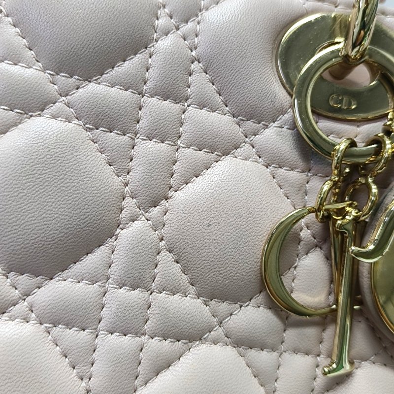 DIOR Lady Dior 中號淺粉色羊皮藤格紋戴妃五格單肩包斜挎包手提包銀色五金可拆卸肩帶-8