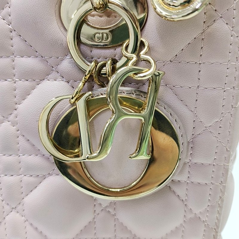 DIOR Lady Dior 中號淺粉色羊皮藤格紋戴妃五格單肩包斜挎包手提包銀色五金可拆卸肩帶-16