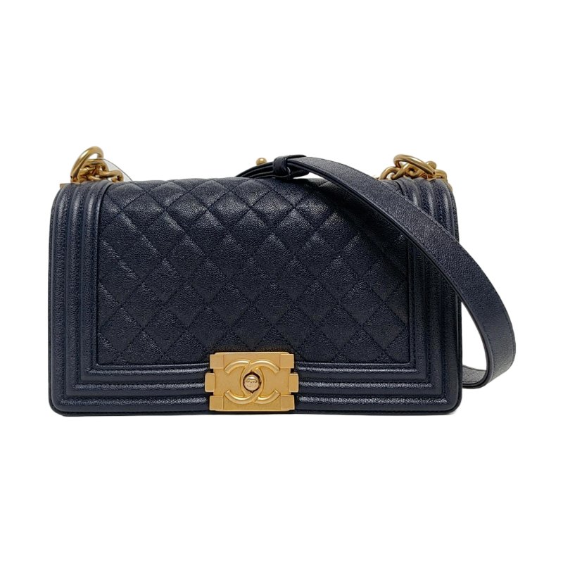 CHANEL BOY CHANEL中號深藍色牛皮菱格紋壓紋單肩包斜挎包金色五金27開可拆卸肩帶 9.8新-0