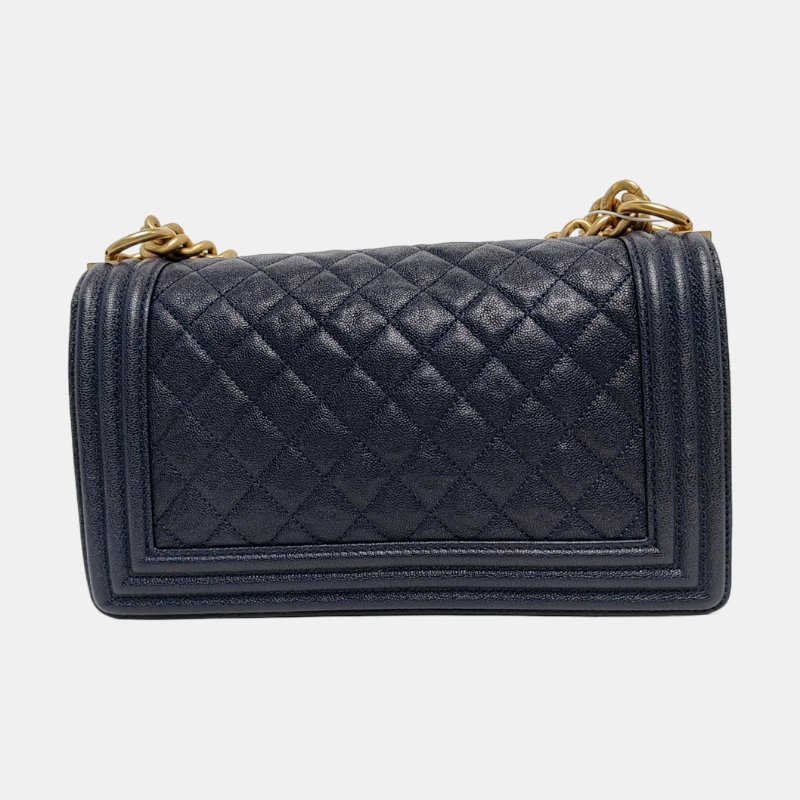 CHANEL BOY CHANEL中號深藍色牛皮菱格紋壓紋單肩包斜挎包金色五金27開可拆卸肩帶 9.8新-4