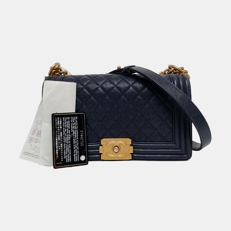 CHANEL BOY CHANEL中號深藍色牛皮菱格紋壓紋單肩包斜挎包金色五金27開可拆卸肩帶 9.8新-7