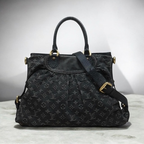 「JL精品代購」9新 LV 黑老花丹寧托特包