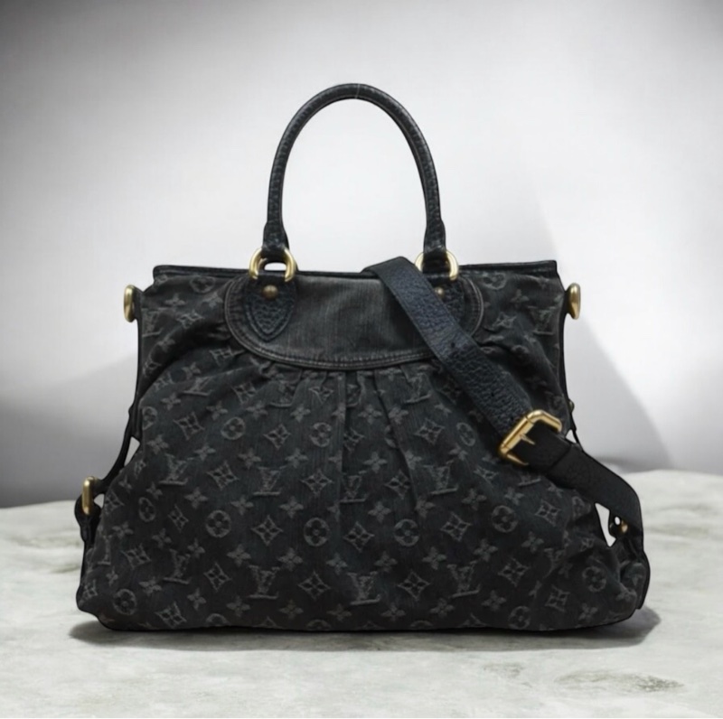 「JL精品代購」9新 LV 黑老花丹寧托特包-0