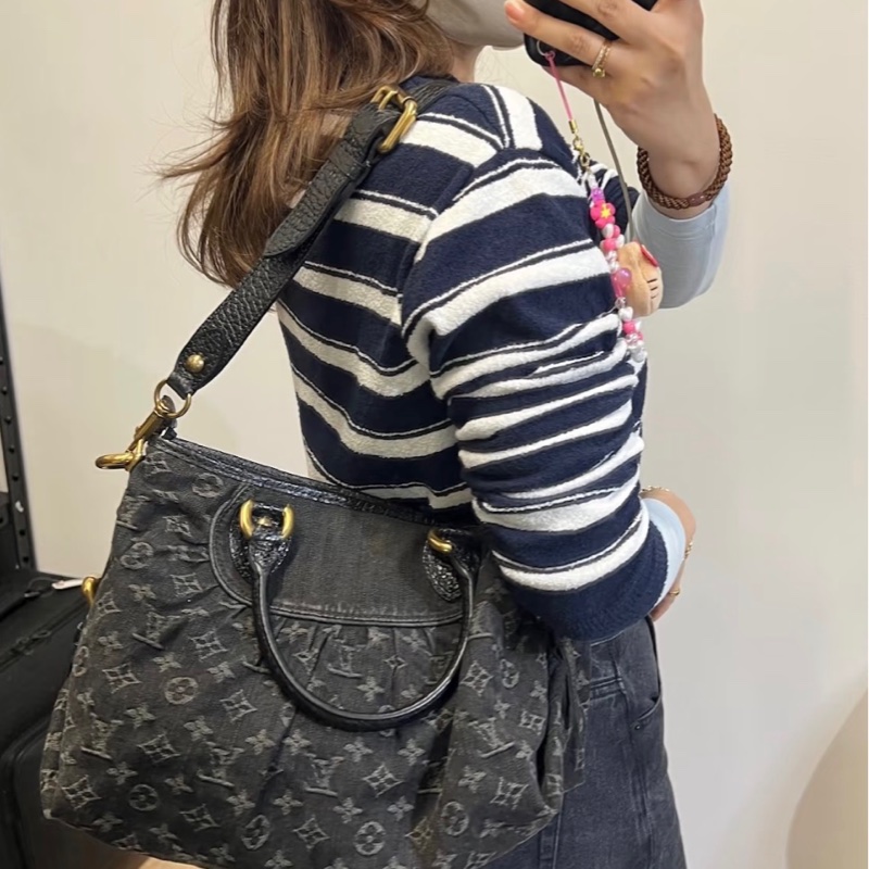 「JL精品代購」9新 LV 黑老花丹寧托特包-1