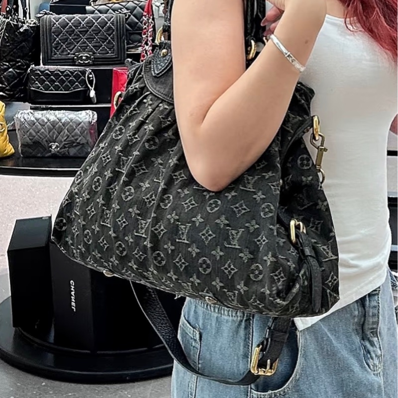 「JL精品代購」9新 LV 黑老花丹寧托特包-2