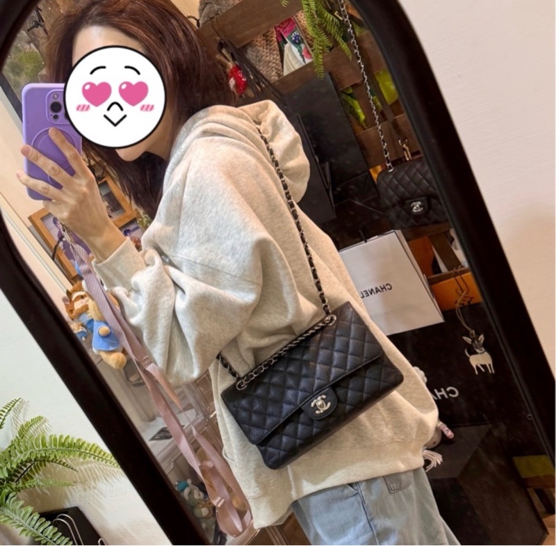 超少見黑色內裡🖤9新以上✨37萬閒置美品coco25🖤Chanel香奈兒CF25經典11.12口蓋包 黑銀荔枝牛皮-20